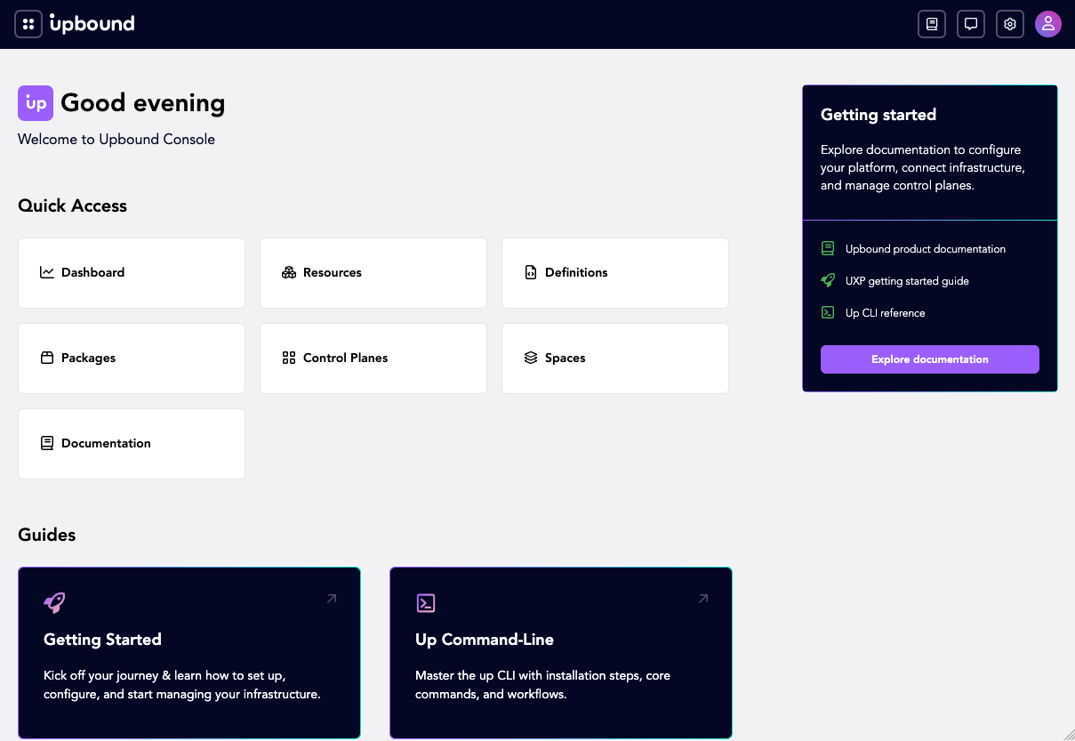 The Console home page with quick access tiles and getting started links