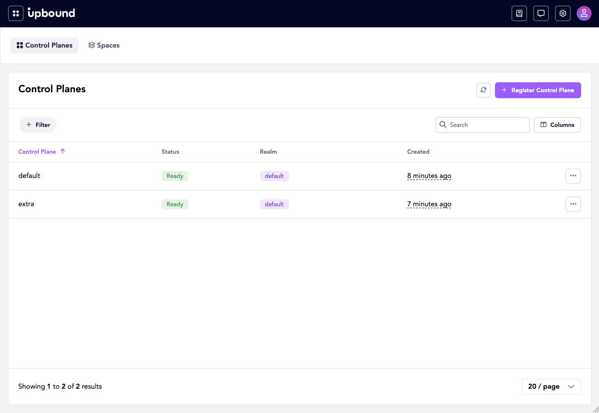 The control planes page listing default and extra, both Ready