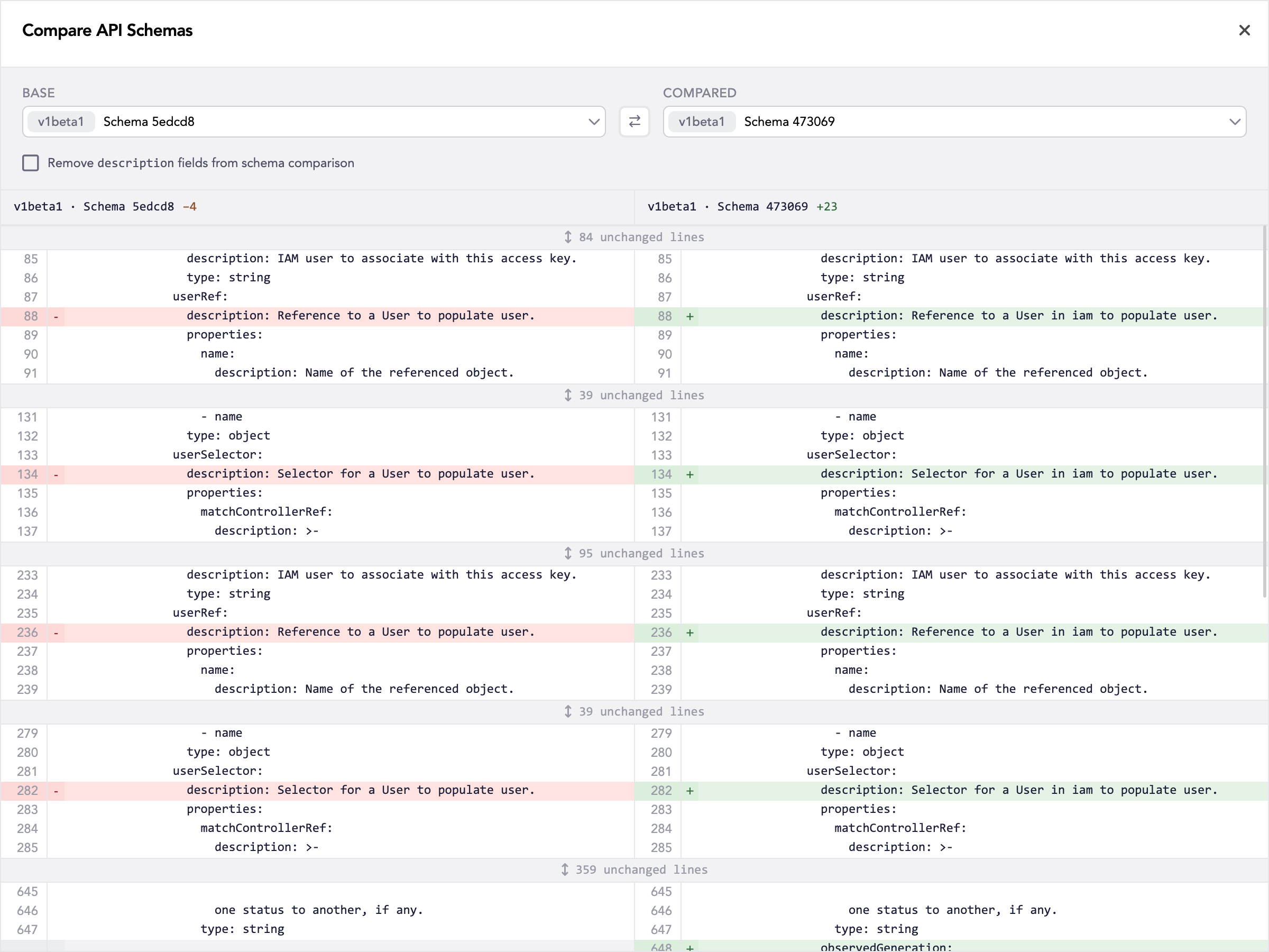 The schema comparison modal