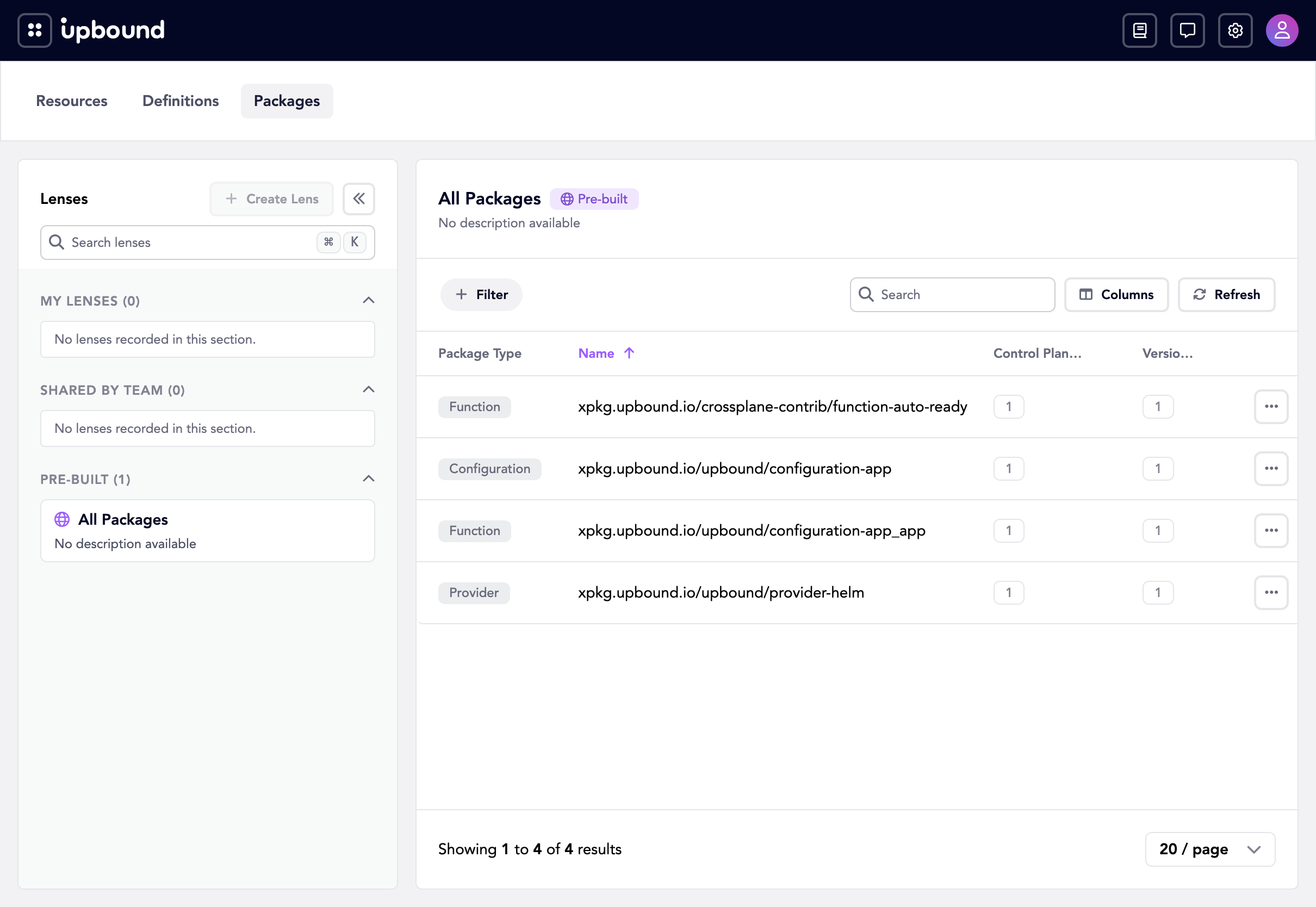 Packages page listing configuration-app, provider-helm, and two functions