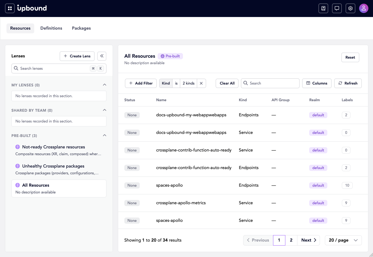 The resource list narrowed by a Kind filter
